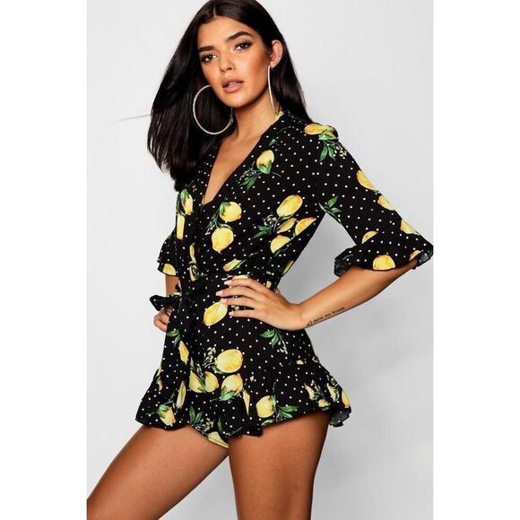 Boohoo Pants - Boohoo LEMON POLKA DOT WRAP RUFFLE ROMPER SZ 20